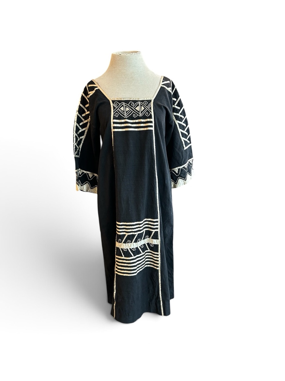 Vintage Rare 70s Josefa Kaftan Black Embroidered with Cream Ribbon Art Wear